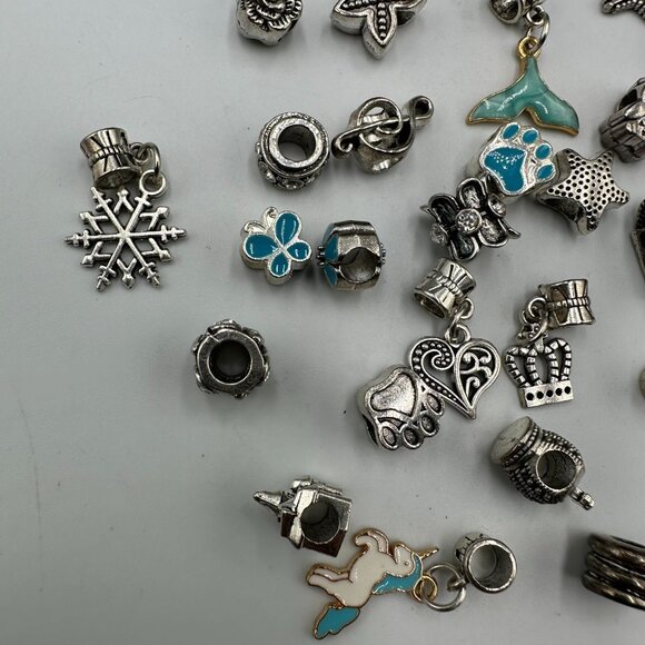 Mixed Sliding Charms Lot Silver Tone Enamel Beads Dangle Hearts Crowns Stars - Picture 2 of 11